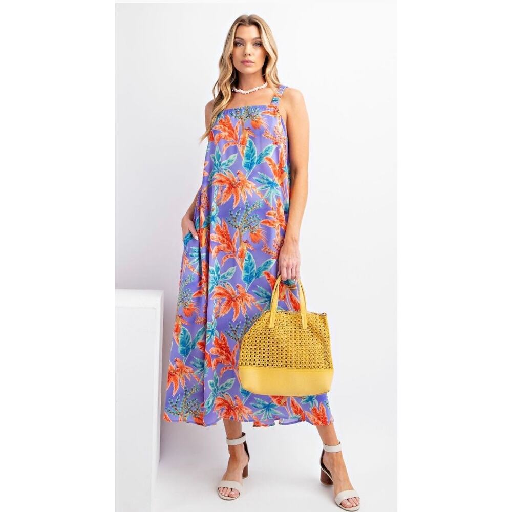 Easel - Tropical Print Mirabelle Satin Maxi Dress - Small